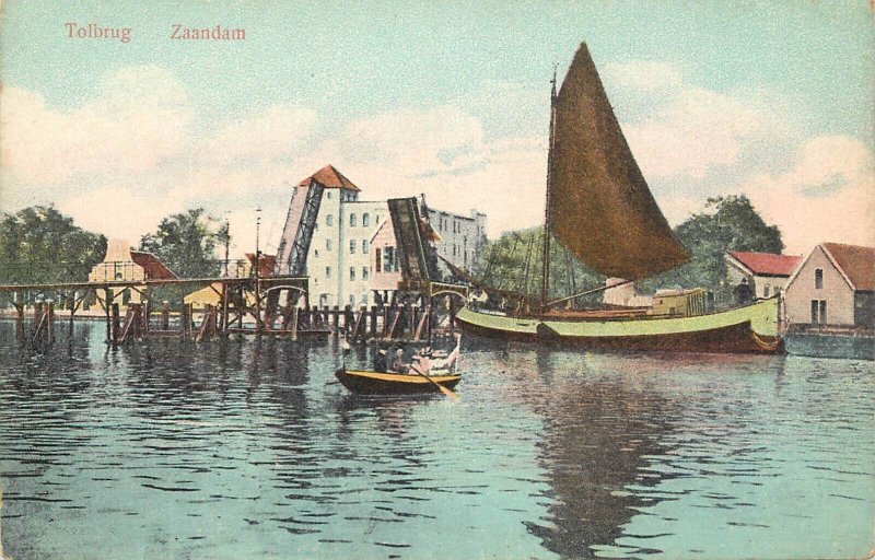 Navigation & sailing related vintage postcard Tolbrug Zaandam sailship rowboat