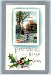 Christmas Postcard Holly Berries People Walking Winter Scene Embossed c1910's
