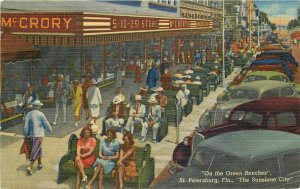 Autos 1952 Green Benches St Petersburg Florida Postcard Sun News Teich 7214