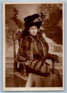 Old Woman With Hat Fur Stole Sitting Chair Studio RPPC Photo Antique Postcard