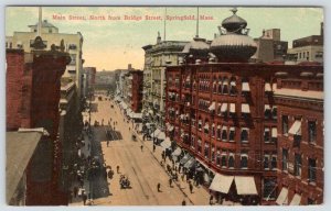 1912 SPRINGFIELD MASSACHUSETTS MAIN STREET NORTH FROM BRIDGE ST*TROLLEY TRACKS