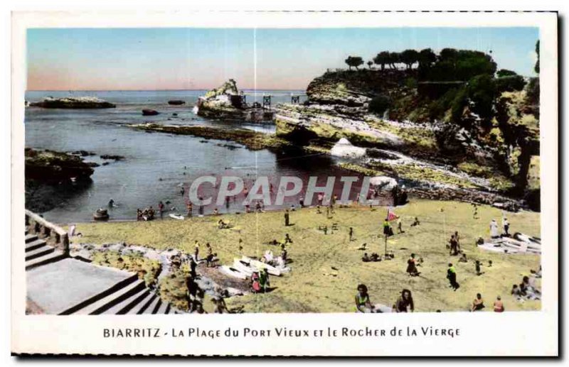 Old Postcard The Beach Biarritz Port Vieux And Roucher of the Virgin