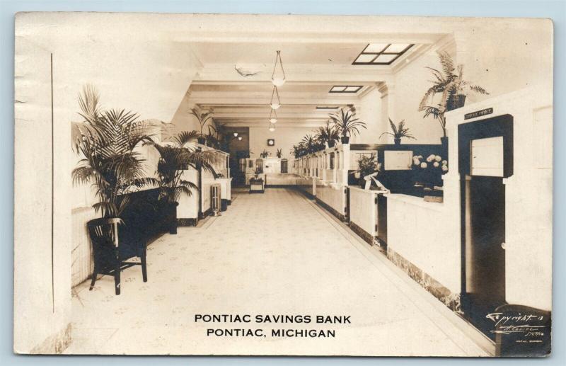 Postcard MI Pontiac Michigan Pontiac Savings Bank Interior 1917 RPPC Photo S8