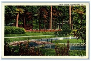 c1940 Swan Lagoon Bridge Trees Grass Lake River Winona Lake Indiana IN Postcard