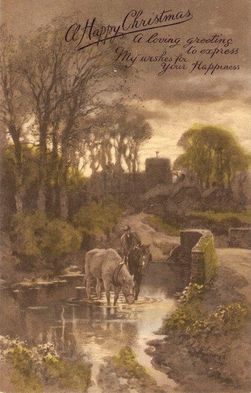 Working horses  drinking in a streamVintage English  Christmas  postcard