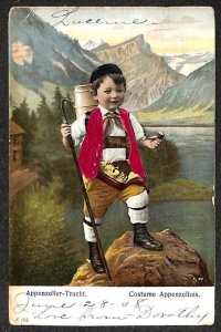 APPENZELLER TRACHT LUZERN SWITZERLAND TO USA TOBACCO SILK NOVELTY POSTCARD 1908