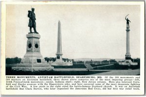 Three Monuments, Antietam Battlefield, Sharpsburg MD Vintage Postcard B08