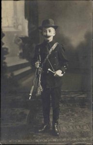 Boy Dressed as Franz Joseph Hat Gun Mustache c1910 Real Photo Postcard