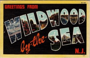 NJ, New Jersey  WILDWOOD BY THE SEA Large Letter Linen Greetings  1945 Postcard