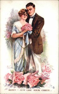 A/s Fred Spurgin Romance Beautiful Couple Among Roses Antique Postcard