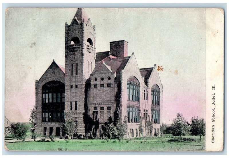 Sheridan School Building Exterior Scene Joliet Illinois IL Antique Postcard