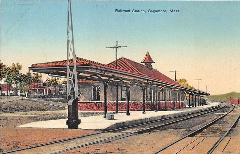 Sagamore MA Railroad Station Train Depot Adams Pharmacy Postcard