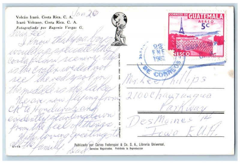 Costa Rica Central America Postcard Irazu Volcano 1962 Vintage Posted