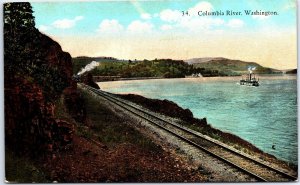 VINTAGE POSTCARD VIEW OF THE COLUMBIA RIVER TRAIN AND RAIL ROAD WASHINGTON STATE