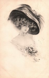 VINTAGE POSTCARD ART ENGRAVE WOMAN PERIOD DRESS AND HAT MAILED CLEVELAND 1911