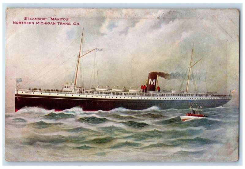 1909 Steamship Manitou Northern Michigan Trans Co Michigan MI Vintage Postcard