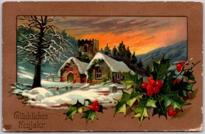 Gluckliches Neujahr, 1910 Winter Church Landscape With Holly Branches, Postcard