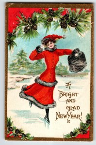 New Year Postcard Women Ice Skating Holds Muff Santa Hat MS 2276 L&E Embossed