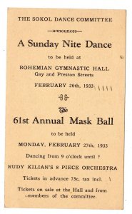 1933 MASK BALL DANCE*SOKOL COMMITTEE*BOHEMIAN GYMNASTIC HALL BALTIMORE MD*ESSEX