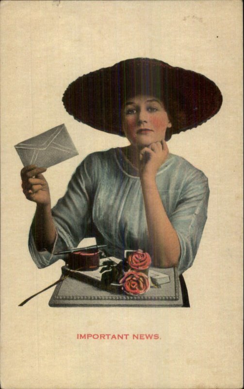 Beautiful Woman in Hat Letter in Hand Pen Flowers - c1910 Postcard