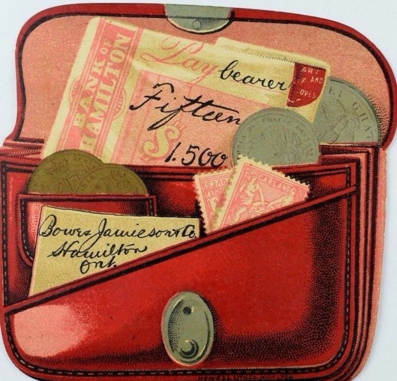 1870's-1880's Die-Cut Purse Wallet  Bowes Jamieson & Co Art Garland Stoves &L