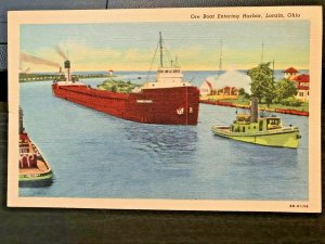 Vintage Postcard 1948 Ore Boat Entering Harbor Lorain Ohio 