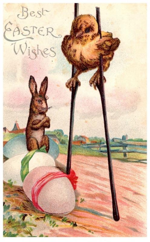 Easter,  Rabbit , large eggs, Chicken on Stilts