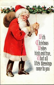 Santa Claus with Holly, Christmas Wishes Embossed Vintage Postcard B32