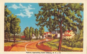 Highway Approaching South Fallsburg, N.Y. Bridge over Creek Linen Postcard