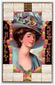 1910 New Year Pretty Woman Floral Hat Calendar Embossed Henry Illinois Postcard
