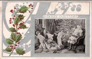 Victorian Christmas Scene Children Sleep Masks Toys Santa in Chair Postcard Y2