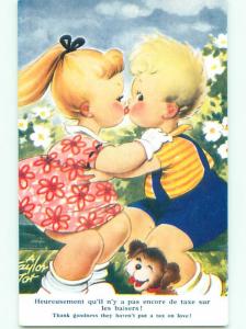 Bamforth comic CUTE DOG BESIDE GIRL KISSING BOY k8131