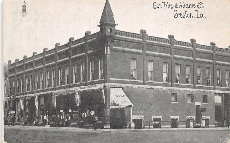 Creston Iowa Corner Of Pine & Adams St. Pharmacy Pictured Vintage PC U2835