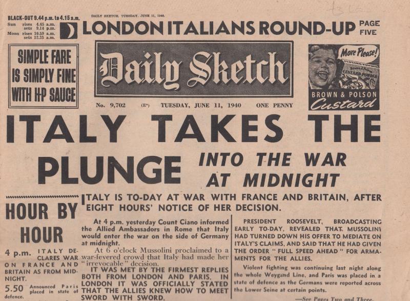 Daily Sketch Italy Enters WW2 War 1940 Reprint Newspaper