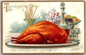 Thanksgiving Day Turkey Recipe On The Table Wine Fruits Flowers Postcard