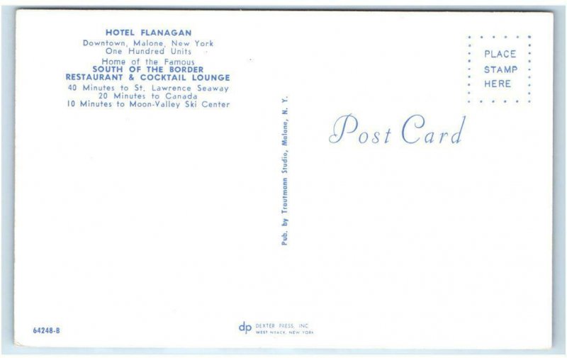 MALONE, NY ~ Roadside HOTEL FLANAGAN c1960s Franklin County Tropical? Postcard