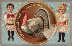 Thanksgiving Little Boy and Girl Turkey Plate c1910 Vintage Postcard