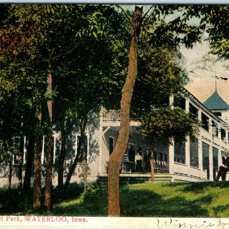 1907 Waterloo, IA San Souci Hotel Park Litho Photo Postcard Picnic People A34