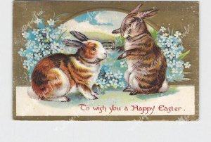 PPC POSTCARD EASTER BUNNY RABBITS FLOWERS FENCE EMBOSSED GOLD BACKGROUND #1
