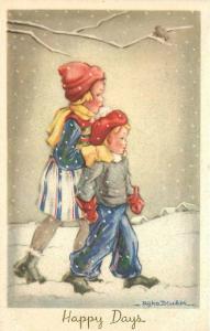 Artist impression 1920s Dyka Bleecker Happy Days Winter scene postcard 4091