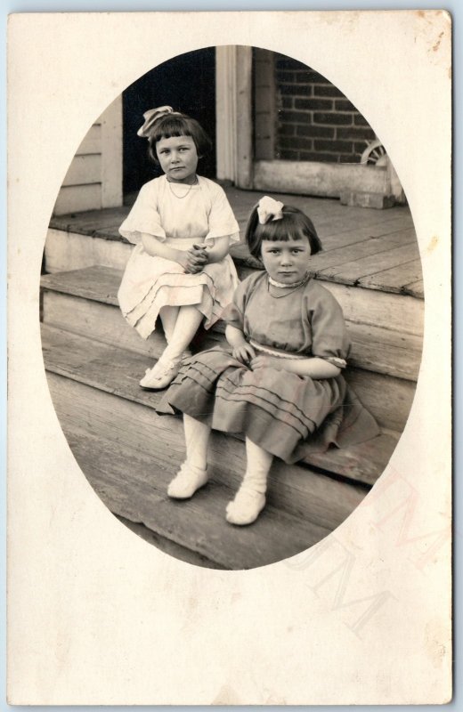 c1910s Cute Little Girls RPPC Outdoor House Porch Children Sharp Real Photo A260