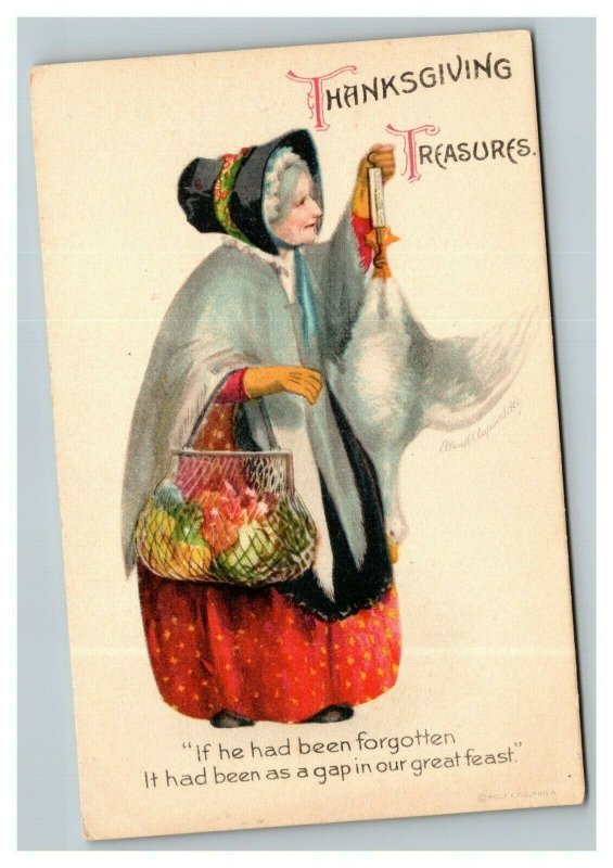 Vintage 1910's Ellen Clapsaddle Thanksgiving Postcard Grandmother Goose Fruit