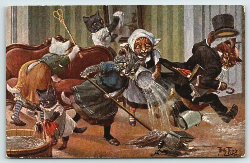 Arthur Thiele~Fantasy Dressed Cats~Maids Push Aristocat Out of Room~Woe~TSN 1602 