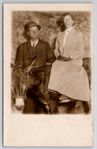 RPPC Man With Woman on Donkey Souvenir Photo Postcard B30