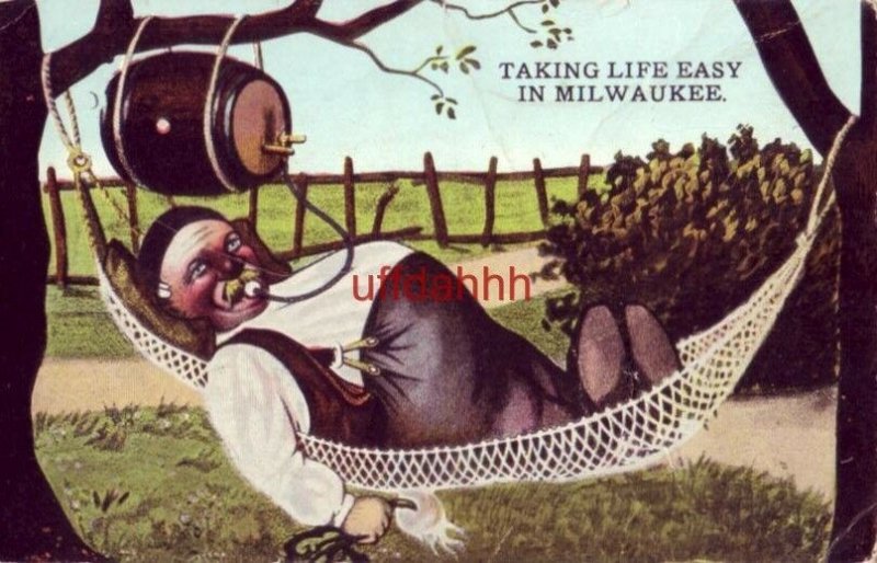 TAKING LIFE EASY IN MILWAUKEE fat man in hammock with hose from keg