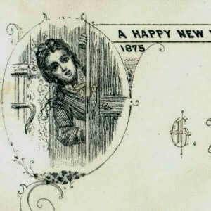 1875 New Year's Card Lovely Young Lady Looking Out Door Fab! P161