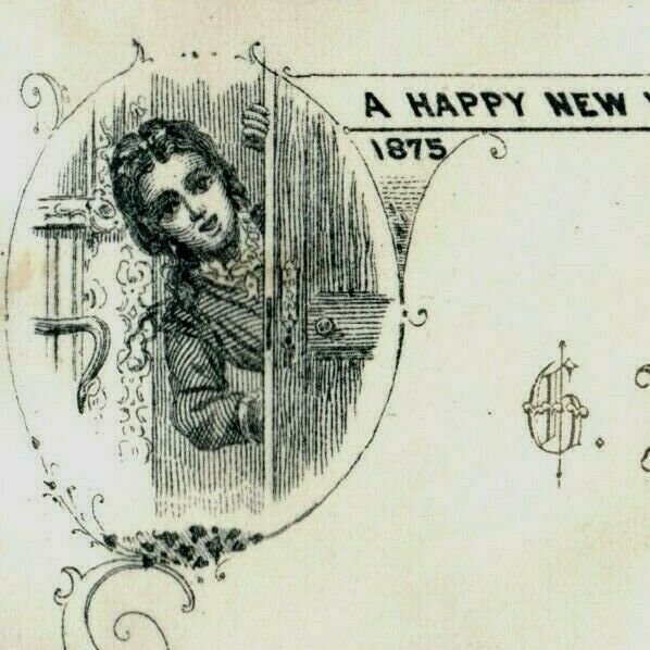 1875 New Year's Card Lovely Young Lady Looking Out Door Fab! P161