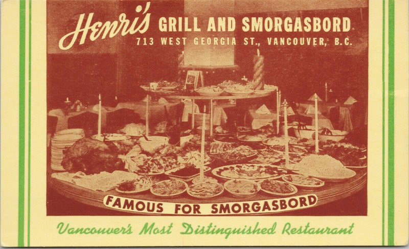 Henri's Grill & Smorgasbord Vancouver BC Restaurant Unused Advert Postcard E82