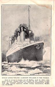 Steamer Titanic Ship Sunk by Iceberg on Maiden Trip off Halifax Unused water ...