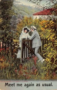 Romantic MEET ME AGAIN AS USUAL Couple Meeting At Picket Fence c1910's Postcard